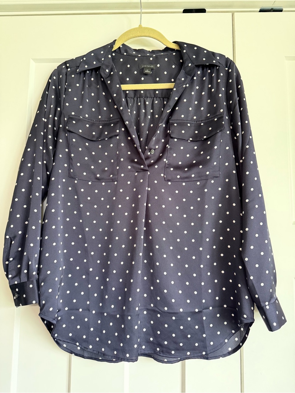 Ann Taylor Navy Blue and white polka dot camp shirt - medium petite